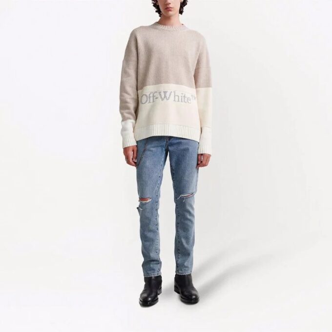 Off-White Men’ s FW21 Logo Pattern Round Neck Pullover Long Sleeves Colorblock Wool Sweater Loose Fit