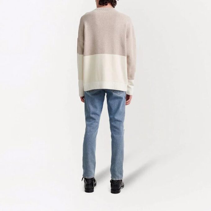 Off-White Men’ s FW21 Logo Pattern Round Neck Pullover Long Sleeves Colorblock Wool Sweater Loose Fit