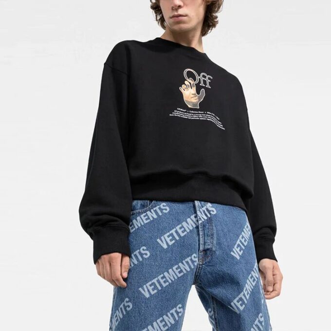 Off-White Men’ s FW21 Logo Printing Round Neck Long Sleeves Loose Fit Black