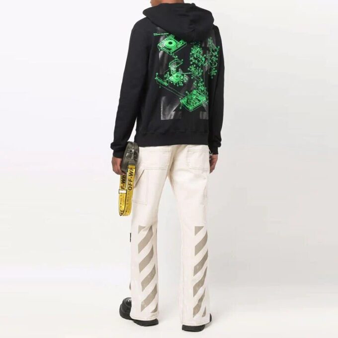 Off-White Men’ s FW21 Painting Pattern Drawstring Hood Long Sleeves Loose Fit Black
