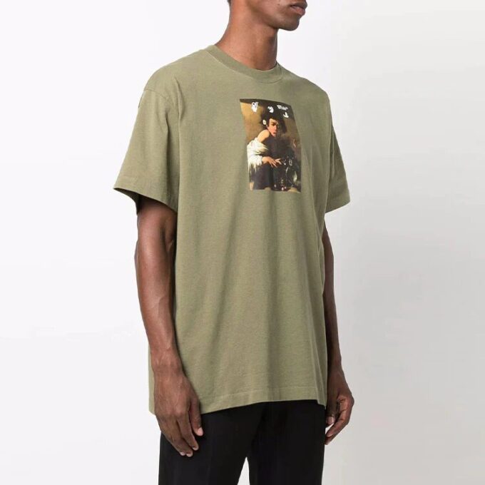 Off-White Men’ s FW21 Painting Printing Round Neck Short Sleeve Loose Fit Green T-Shirt