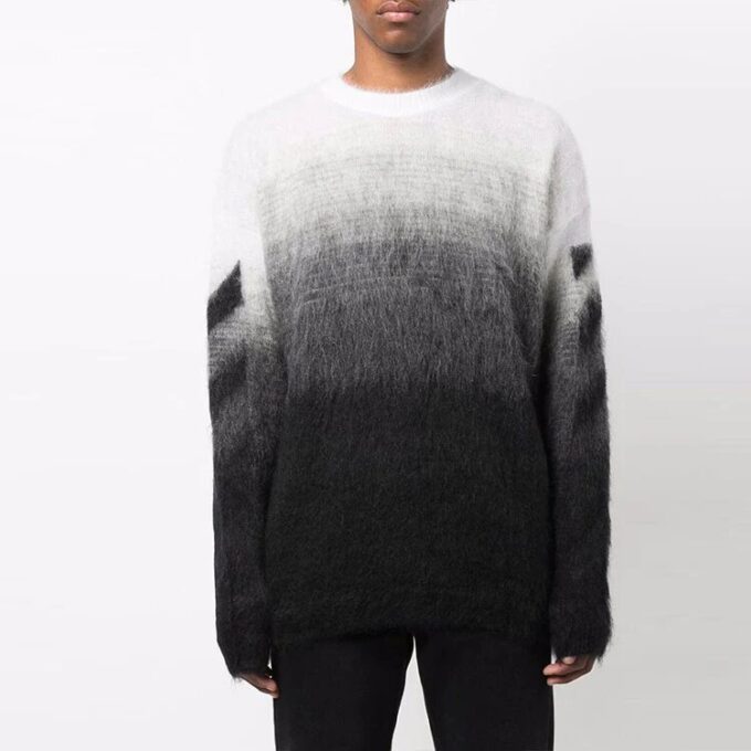 Off-White Men’ s FW21 Plush Gradient Round Neck Long Sleeves Pullover Wool Sweater Loose Fit Autumn Black