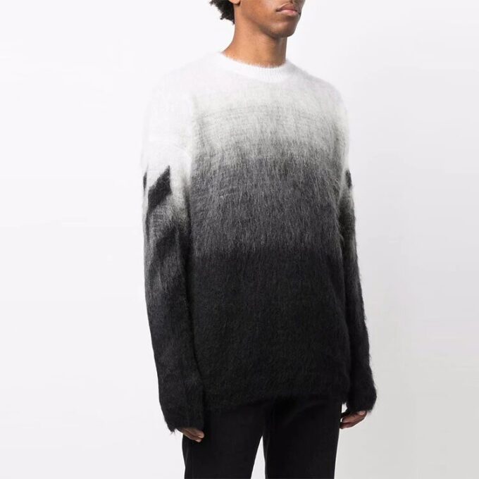 Off-White Men’ s FW21 Plush Gradient Round Neck Long Sleeves Pullover Wool Sweater Loose Fit Autumn Black