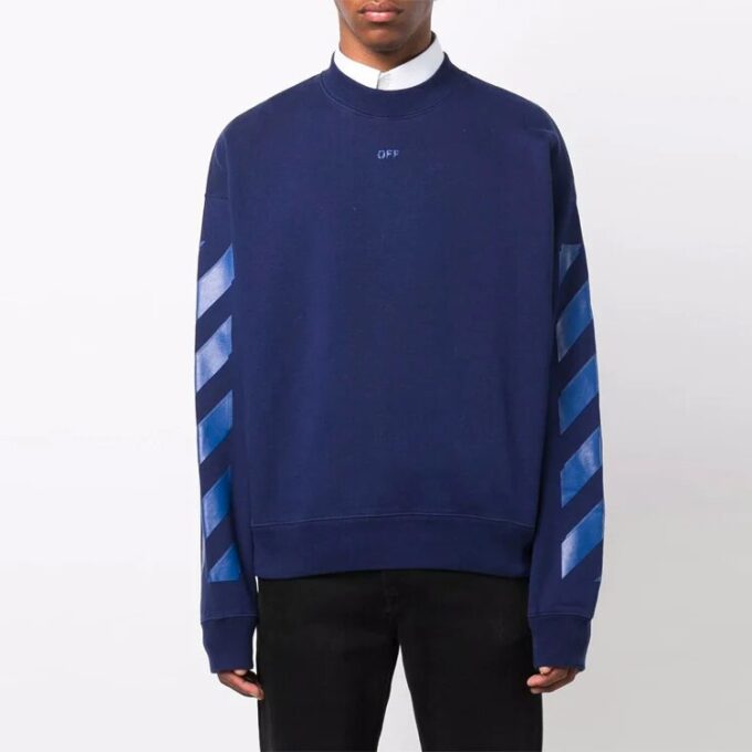 Off-White Men’ s FW21 Rubber Arrow Geometry Pattern Round Neck Long Sleeves Loose Fit Blue