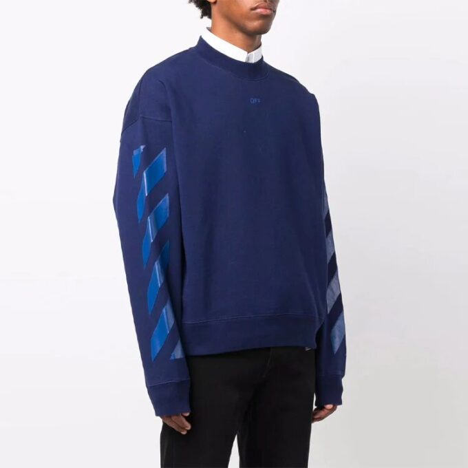 Off-White Men’ s FW21 Rubber Arrow Geometry Pattern Round Neck Long Sleeves Loose Fit Blue