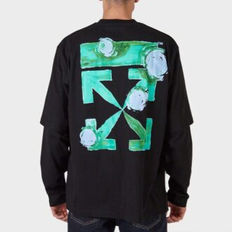 Off-White Men’ s FW21 Sleeve Printing Green Arrow Long Sleeves Loose Fit Black T-Shirt Off-White Men’ s FW21 Sleeve Printing Green Arrow Long Sleeves Loose Fit Black T-Shirt