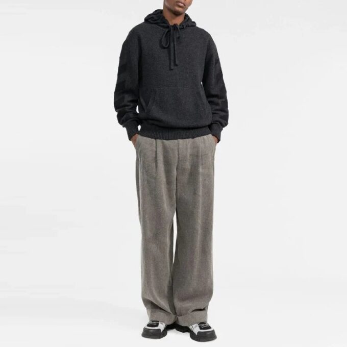 Off-White Men’ s FW21 Solid Color Logo Intarsia Hooded Pullover Wool Sweater Version Gray