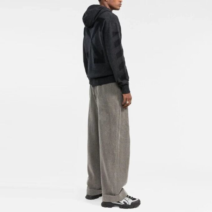 Off-White Men’ s FW21 Solid Color Logo Intarsia Hooded Pullover Wool Sweater Version Gray