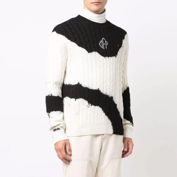 Off-White Men’ s FW21 Tie Dye Pattern Colorblock Knit Round Neck Pullover Wool Sweater Loose Fit White