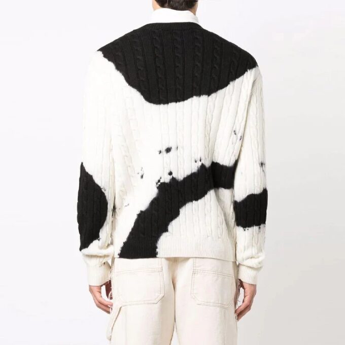 Off-White Men’ s FW21 Tie Dye Pattern Colorblock Knit Round Neck Pullover Wool Sweater Loose Fit White
