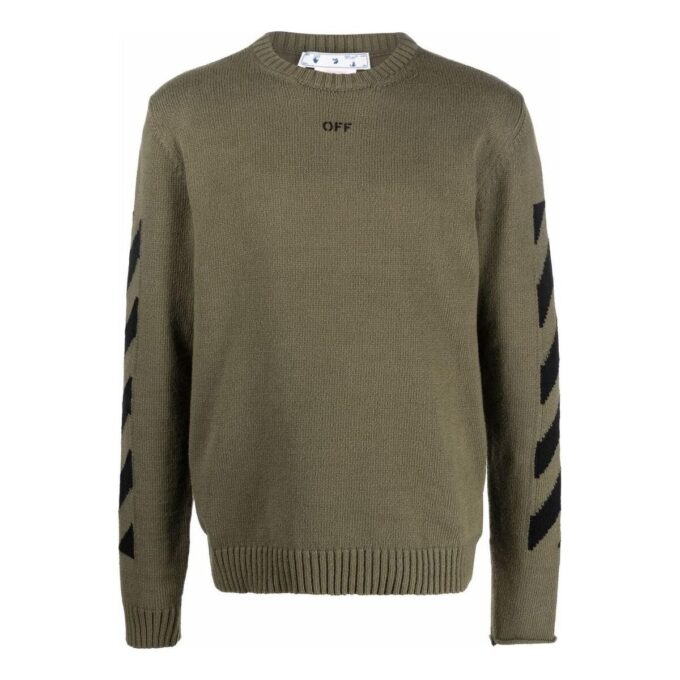 Off-White Men’ s FW22 Arrow Printing Cozy Round Neck Wool Sweater Military Green