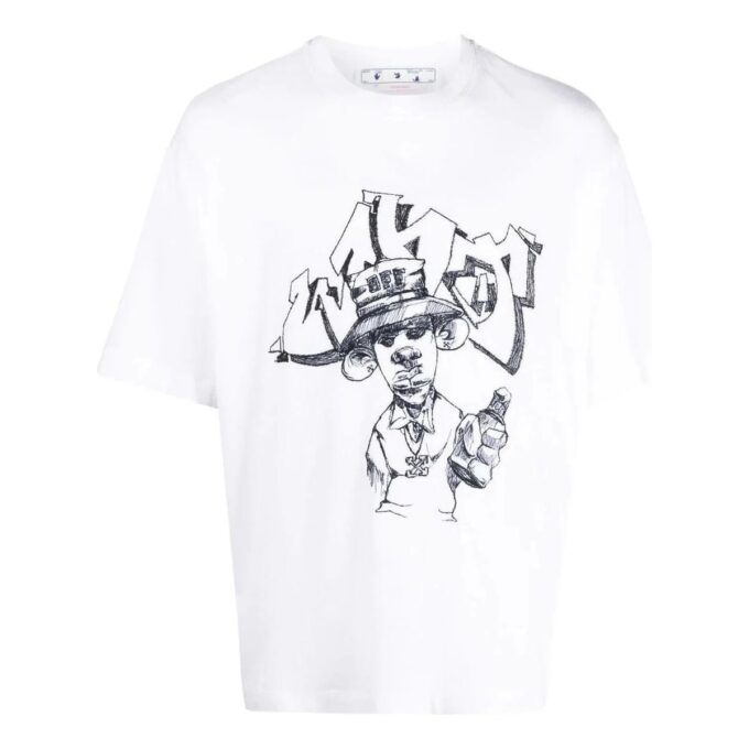 Off-White Men’ s FW22 Cartoon Printing Round Neck Short Sleeve Loose Fit White T-Shirt