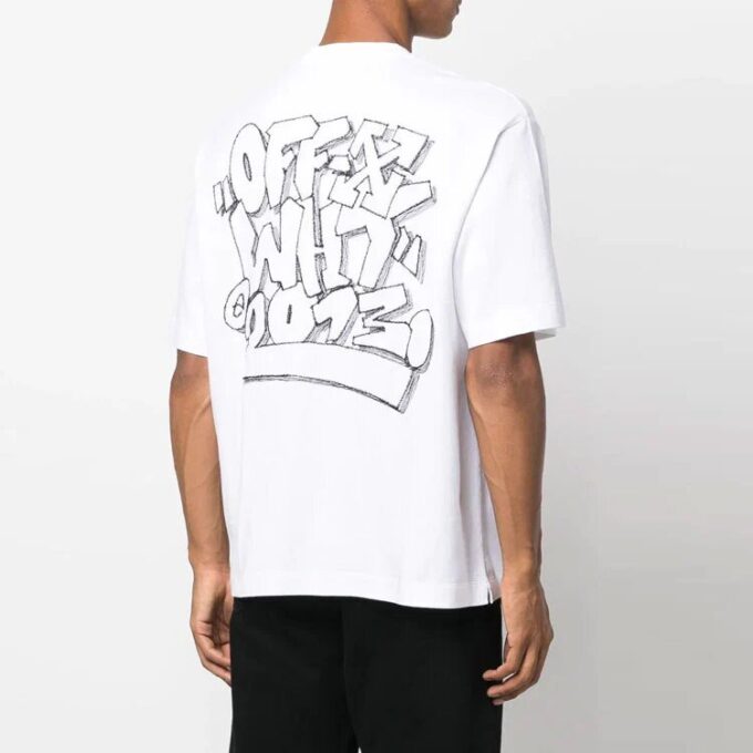 Off-White Men’ s FW22 Cartoon Printing Round Neck Short Sleeve Loose Fit White T-Shirt