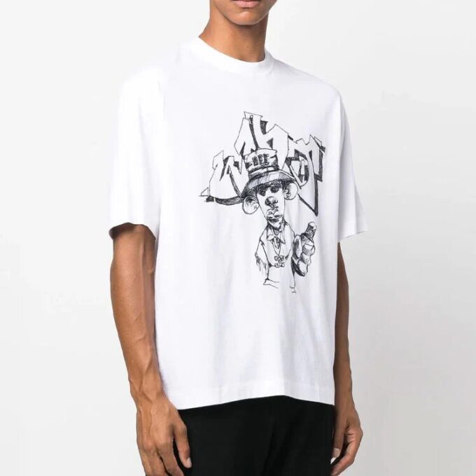 Off-White Men’ s FW22 Cartoon Printing Round Neck Short Sleeve Loose Fit White T-Shirt