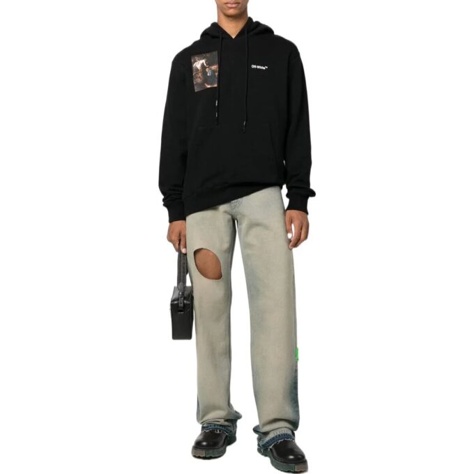 Off-White Men’ s FW22 Character Printing Hooded Long Sleeves Loose Fit Black