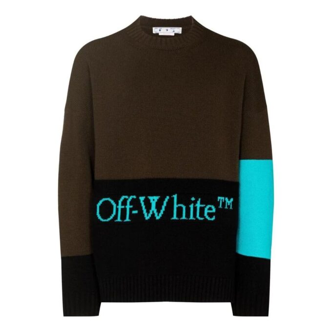 Off-White Men’ s FW22 Colorblock Logo Intarsia Round Neck Long Sleeves Wool Sweater Version Dark Brown