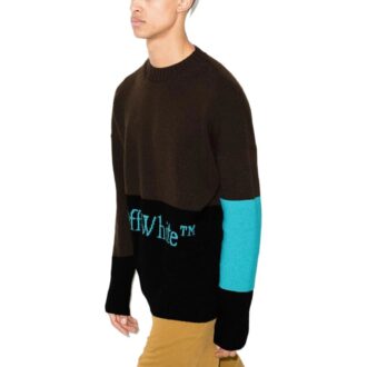 Off-White Men’ s FW22 Colorblock Logo Intarsia Round Neck Long Sleeves Wool Sweater Version Dark Brown Off-White Men’ s FW22 Colorblock Logo Intarsia Round Neck Long Sleeves Wool Sweater Version Dark Brown