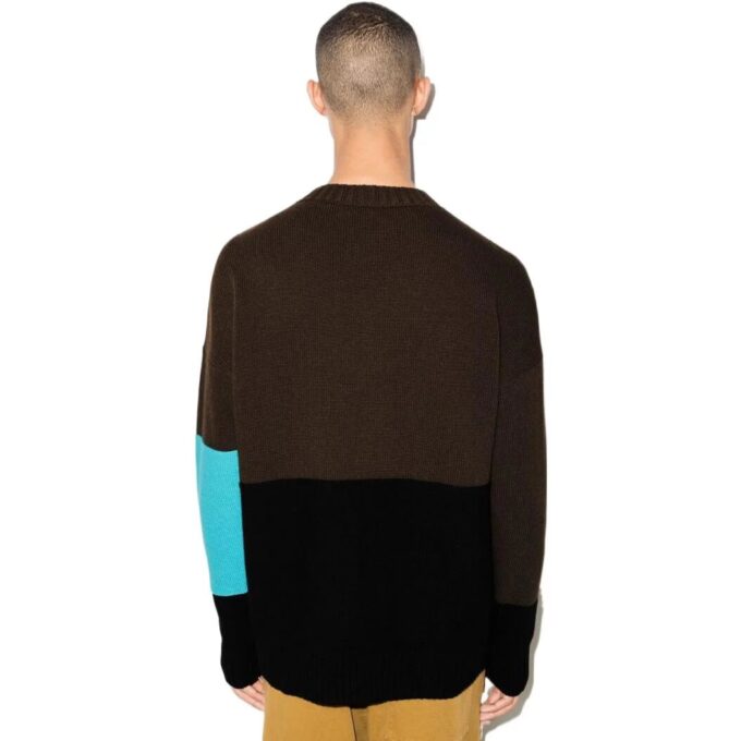 Off-White Men’ s FW22 Colorblock Logo Intarsia Round Neck Long Sleeves Wool Sweater Version Dark Brown
