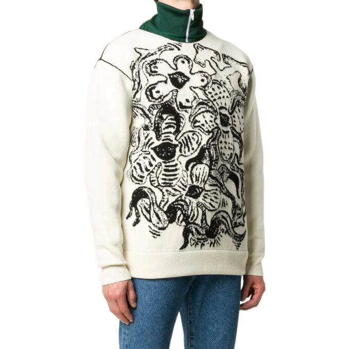 Off-White Men’ s FW22 Flowers Pattern Jacquard Round Neck Pullover Knit Wool Sweater Version White