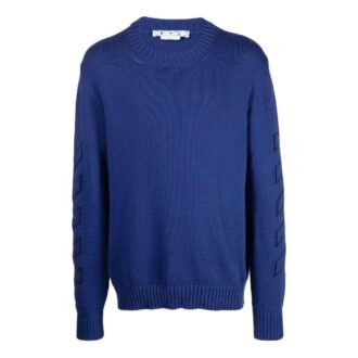 Off-White Men’ s FW22 Geometry Pattern Intarsia Knit Round Neck Long Sleeves Wool Sweater Blue Off-White Men’ s FW22 Geometry Pattern Intarsia Knit Round Neck Long Sleeves Wool Sweater Blue