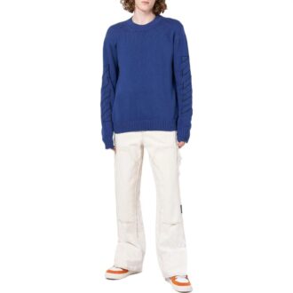 Off-White Men’ s FW22 Geometry Pattern Intarsia Knit Round Neck Long Sleeves Wool Sweater Blue Off-White Men’ s FW22 Geometry Pattern Intarsia Knit Round Neck Long Sleeves Wool Sweater Blue
