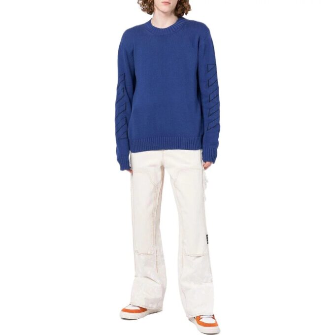 Off-White Men’ s FW22 Geometry Pattern Intarsia Knit Round Neck Long Sleeves Wool Sweater Blue