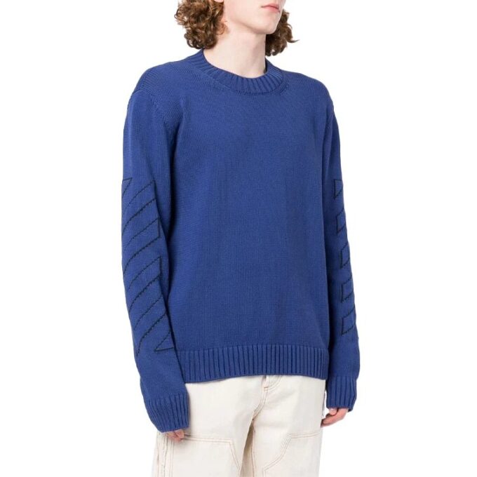 Off-White Men’ s FW22 Geometry Pattern Intarsia Knit Round Neck Long Sleeves Wool Sweater Blue