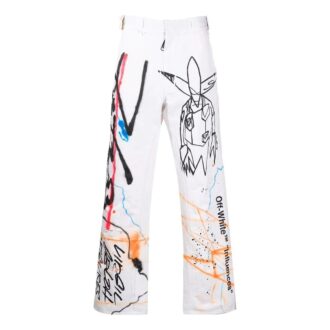 Off-White Men’ s FW22 Graffiti Printing High Waist Straight Casual Pants/Trousers Version White Off-White Men’ s FW22 Graffiti Printing High Waist Straight Casual Pants/Trousers Version White