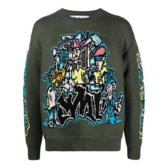 Off-White Men’ s FW22 Intarsia Knit Long Sleeves Wool Sweater Green Off-White Men’ s FW22 Intarsia Knit Long Sleeves Wool Sweater Green