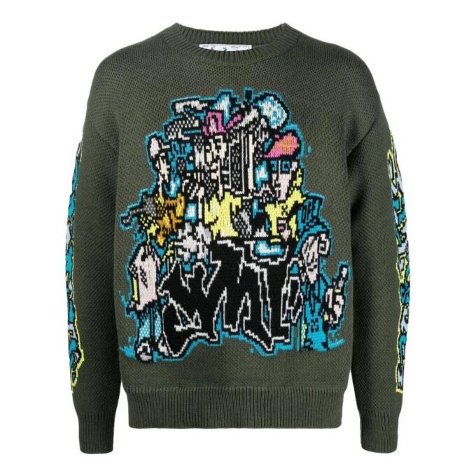 Off-White Men’ s FW22 Intarsia Knit Long Sleeves Wool Sweater Green