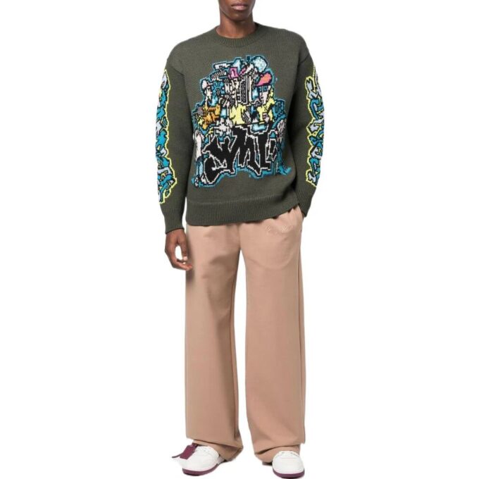 Off-White Men’ s FW22 Intarsia Knit Long Sleeves Wool Sweater Green
