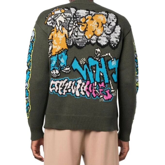 Off-White Men’ s FW22 Intarsia Knit Long Sleeves Wool Sweater Green