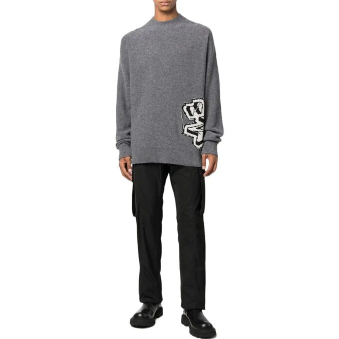 Off-White Men’ s FW22 Knit Long Sleeves Round Neck Wool Sweater Gray