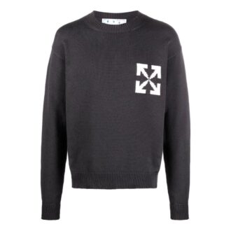 Off-White Men’ s FW22 Logo Intarsia Knit Round Neck Pullover Wool Sweater Loose Fit Black Off-White Men’ s FW22 Logo Intarsia Knit Round Neck Pullover Wool Sweater Loose Fit Black