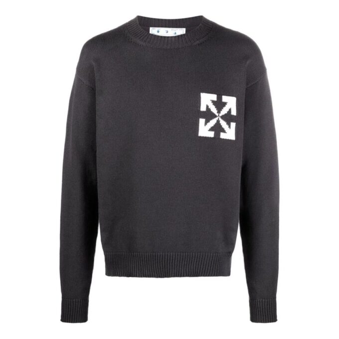 Off-White Men’ s FW22 Logo Intarsia Knit Round Neck Pullover Wool Sweater Loose Fit Black