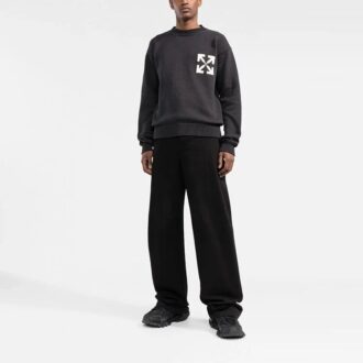 Off-White Men’ s FW22 Logo Intarsia Knit Round Neck Pullover Wool Sweater Loose Fit Black Off-White Men’ s FW22 Logo Intarsia Knit Round Neck Pullover Wool Sweater Loose Fit Black