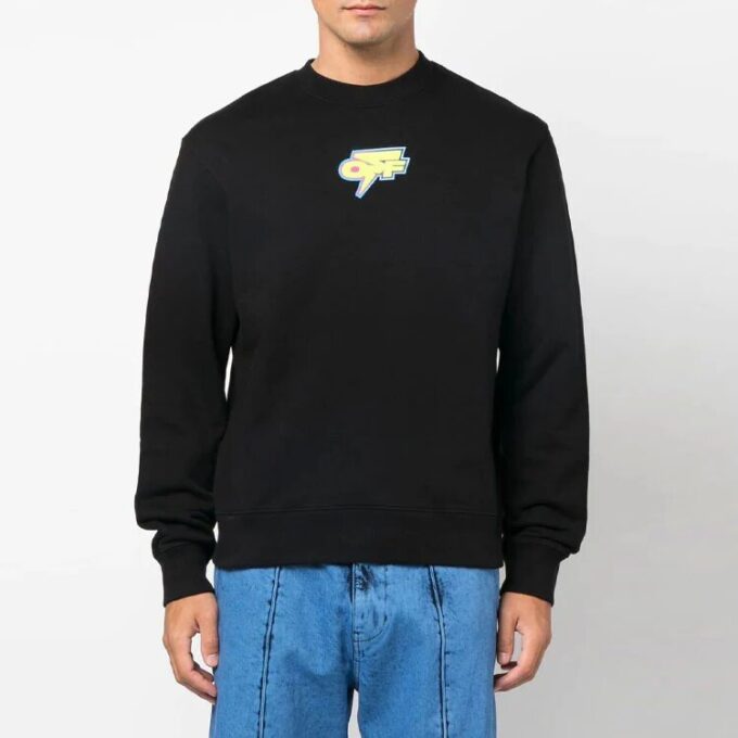 Off-White Men’ s FW22 Logo Printing Round Neck Hoodless Long Sleeves Black