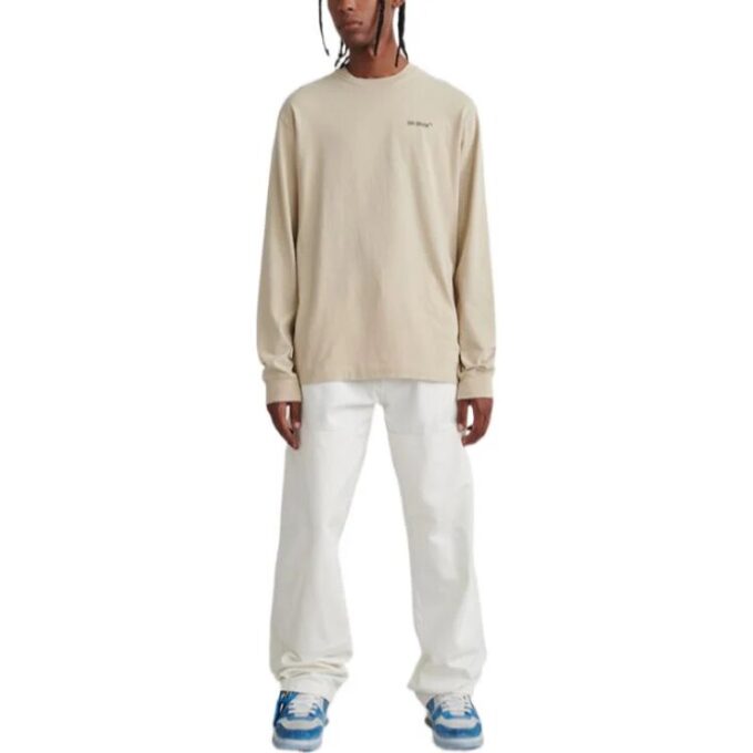 Off-White Men’ s FW22 Logo Printing Round Neck Pullover Long Sleeves Loose Fit Beige T-Shirt