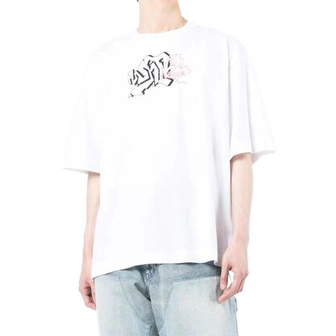 Off-White Men’ s FW22 Logo Printing Round Neck Pullover Short Sleeve Loose Fit White T-Shirt