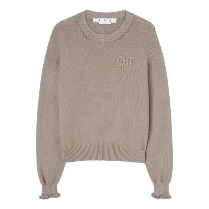 Off-White Men’ s FW22 Logo Round Neck Pullover Long Sleeves Wool Sweater Version Brown