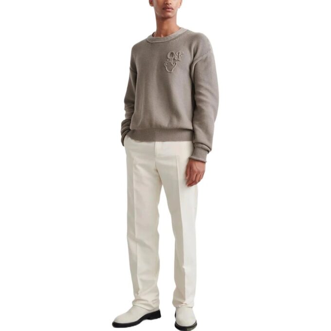 Off-White Men’ s FW22 Logo Round Neck Pullover Long Sleeves Wool Sweater Version Brown