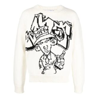Off-White Men’ s FW22 Pattern Intarsia Knit Round Neck Long Sleeves Wool Sweater Loose Fit White