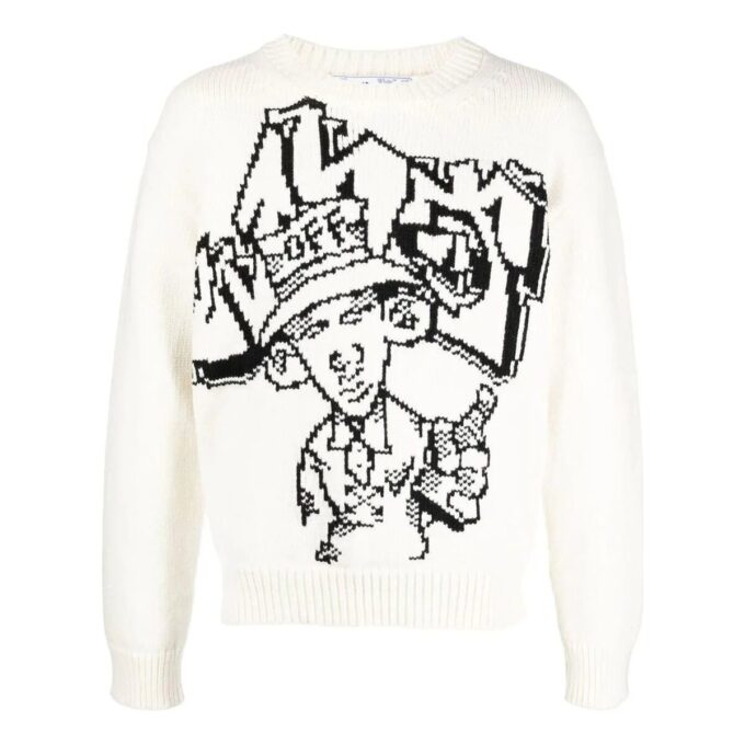 Off-White Men’ s FW22 Pattern Intarsia Knit Round Neck Long Sleeves Wool Sweater Loose Fit White