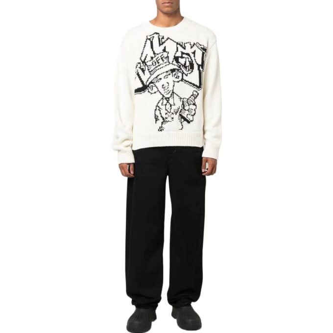 Off-White Men’ s FW22 Pattern Intarsia Knit Round Neck Long Sleeves Wool Sweater Loose Fit White