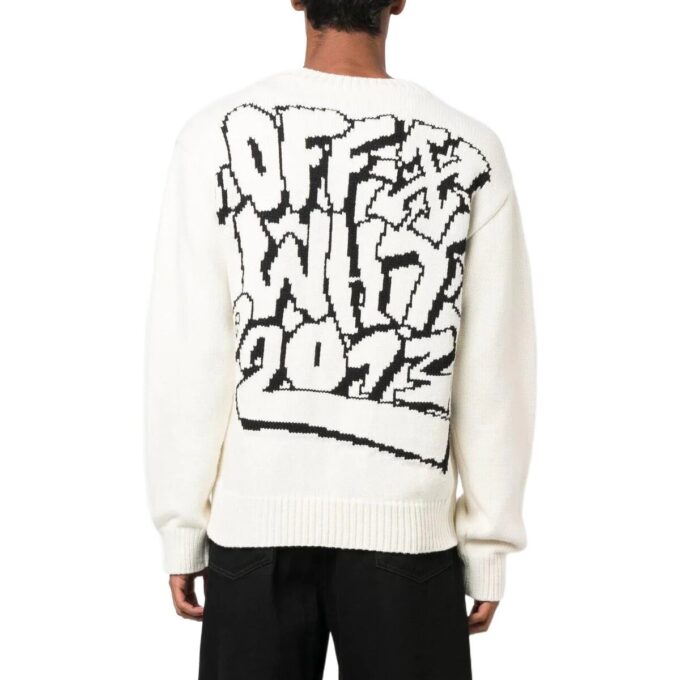 Off-White Men’ s FW22 Pattern Intarsia Knit Round Neck Long Sleeves Wool Sweater Loose Fit White