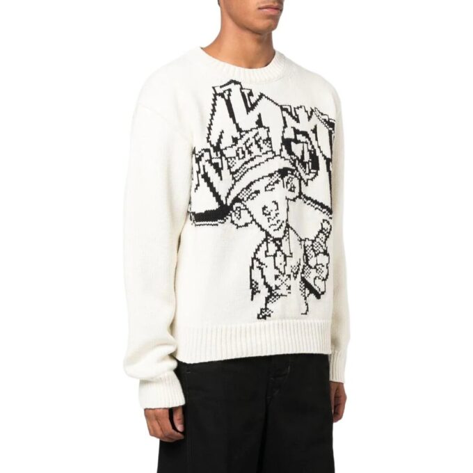 Off-White Men’ s FW22 Pattern Intarsia Knit Round Neck Long Sleeves Wool Sweater Loose Fit White
