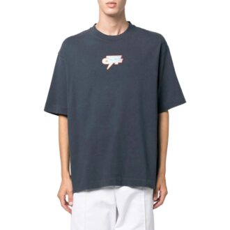 Off-White Men’ s FW22 Pattern Printing Round Neck Short Sleeve Loose Fit Navy Blue T-Shirt