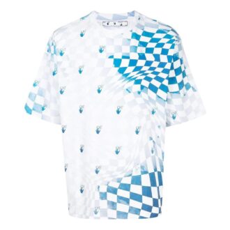 Off-White Men’ s FW22 Plaid Logo Printing Round Neck Short Sleeve Loose Fit Blue T-Shirt