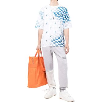 Off-White Men’ s FW22 Plaid Logo Printing Round Neck Short Sleeve Loose Fit Blue T-Shirt