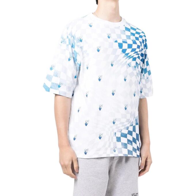 Off-White Men’ s FW22 Plaid Logo Printing Round Neck Short Sleeve Loose Fit Blue T-Shirt